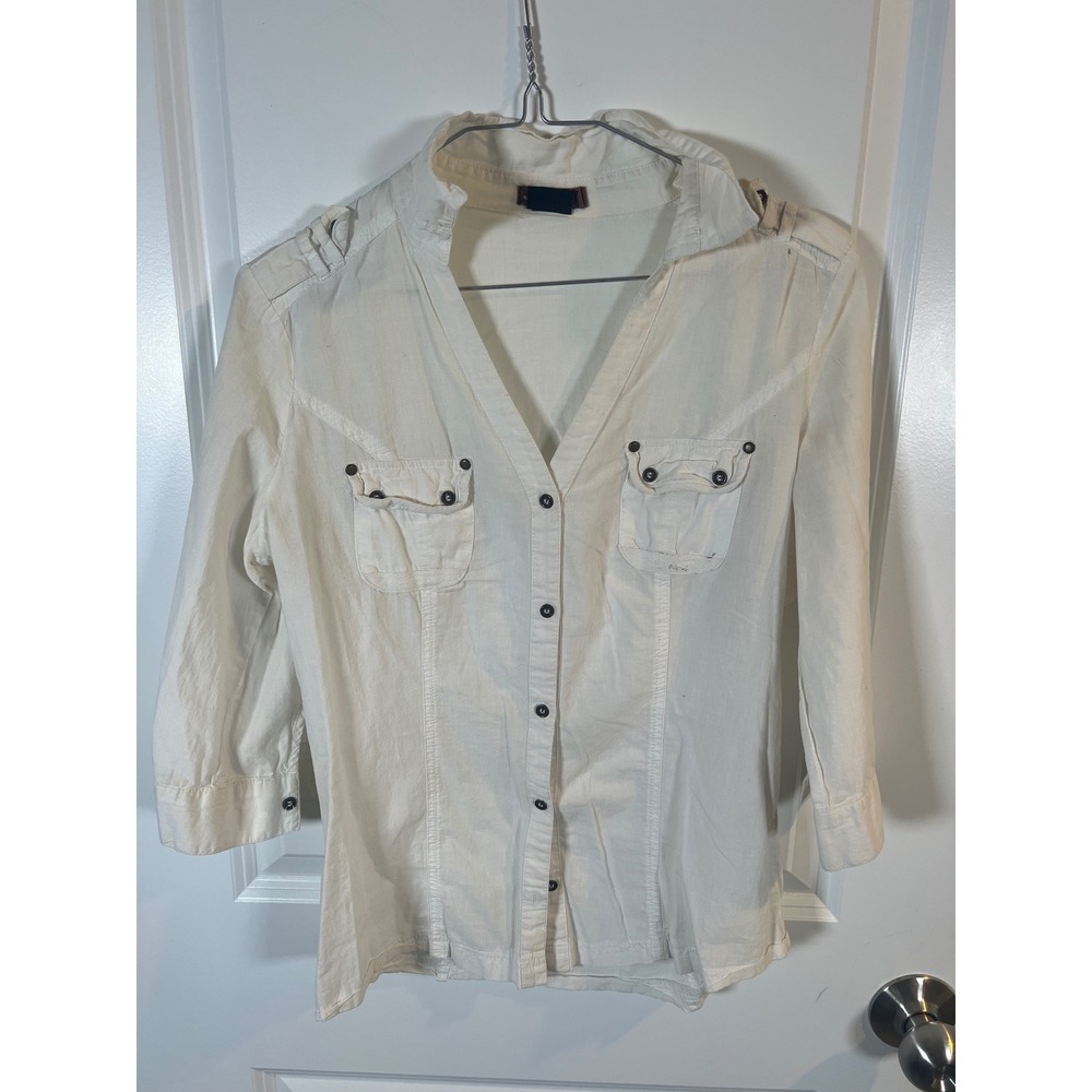 Jennyfer Womens Button Down Utility Shirt Epaulettes White Size S/M Flawed